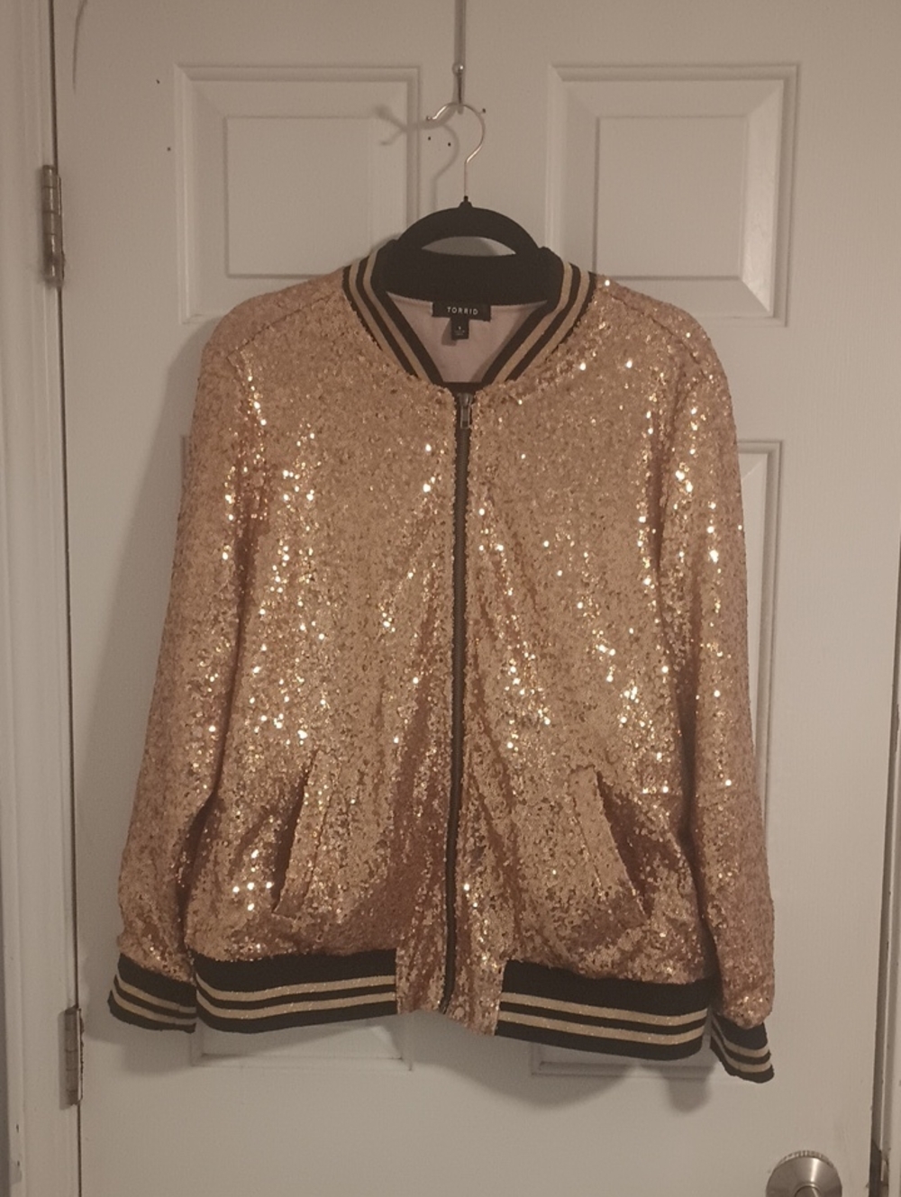 torrid Gold Sequin Bomber Jacket with Black-Trim Ribbing